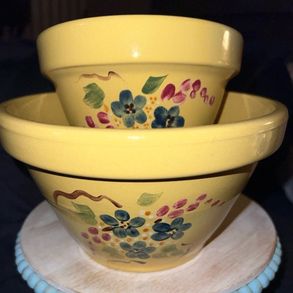 VINTAGE ROBINSON RANSBOTTOM  POTTERY Set/2 Yellow Floral Stoneware Mixing Bowls